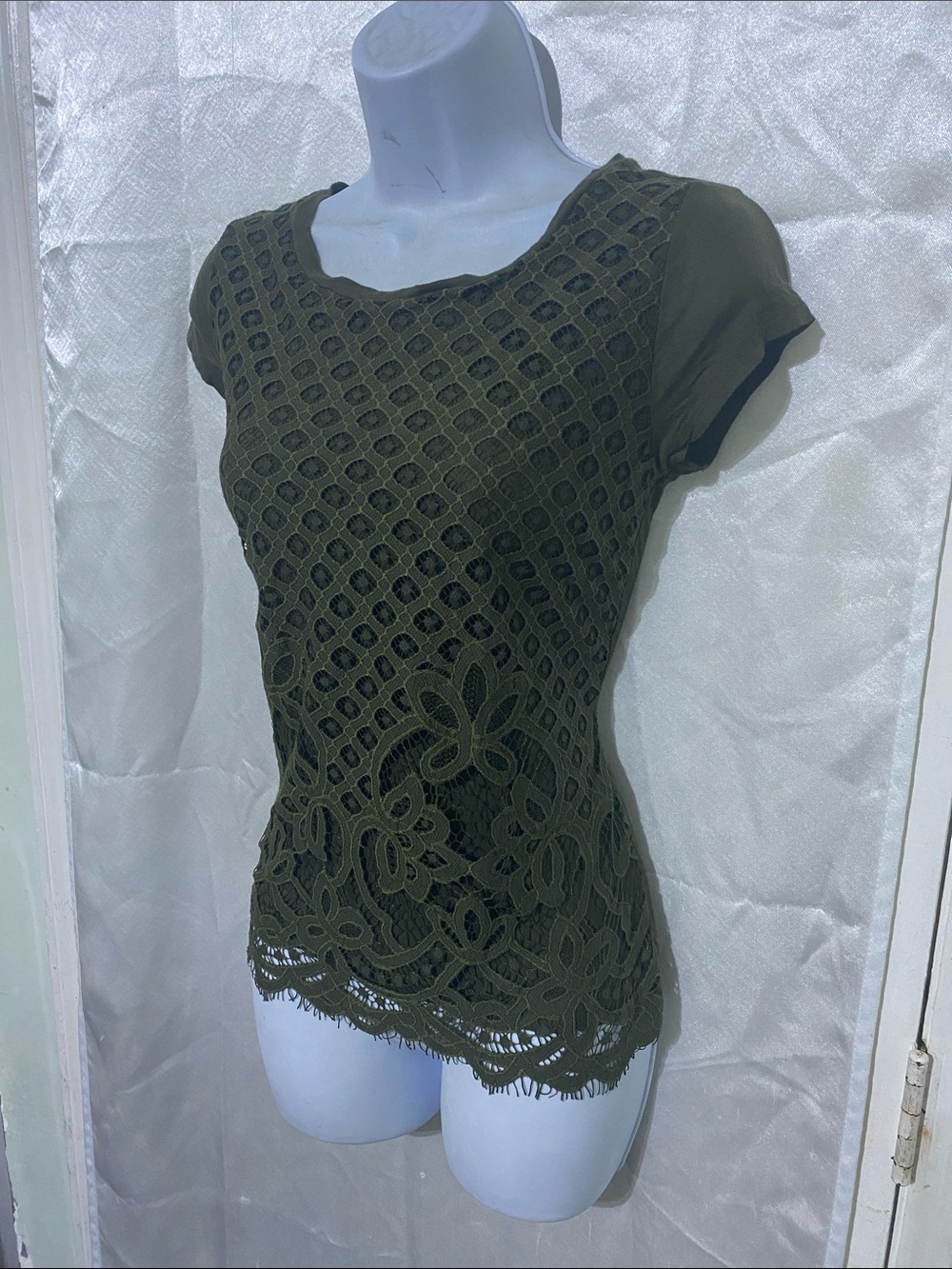 New York & Company Olive Lace Overlay Short Sleeve Blouse